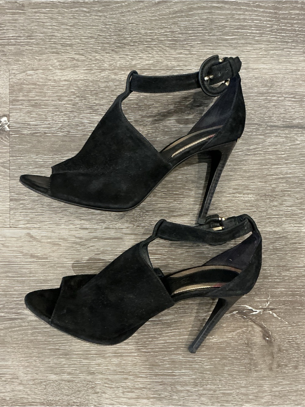 Burberry Black Suede Peep-Toe Ankle-Strap Stiletto Heels, women’s size 7